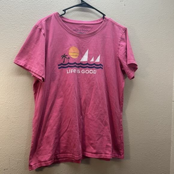 Life Is Good T-Shirt Women L Pink Crusher Tee Sailboat Sunset Beach Tropical Top - Picture 1 of 7